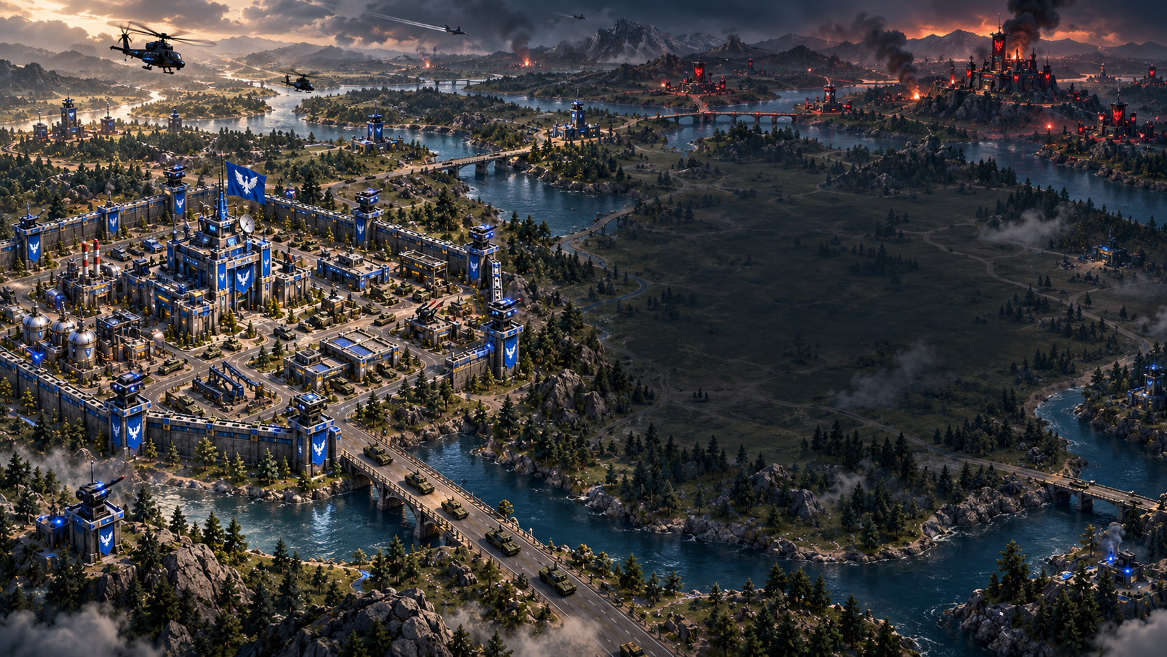 Blue Alliance bases facing the Red Fortress across a battlefield at dusk